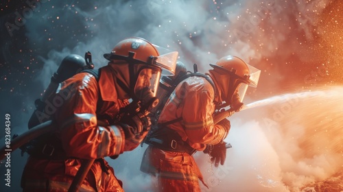 Firefighters in protective suits extinguish a fire with a hose. photo