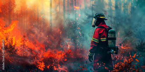 A highly qualified firefighter walks through a dense forest engulfed in fire. Profession- firefighter. Extinguishing large forest fires. Forest fire fighting, ecosystem, fauna photo