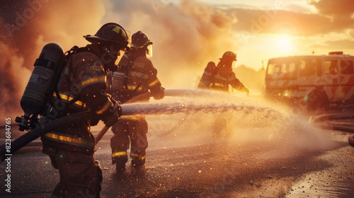 Firefighters in protective gear battling a blaze with water hoses