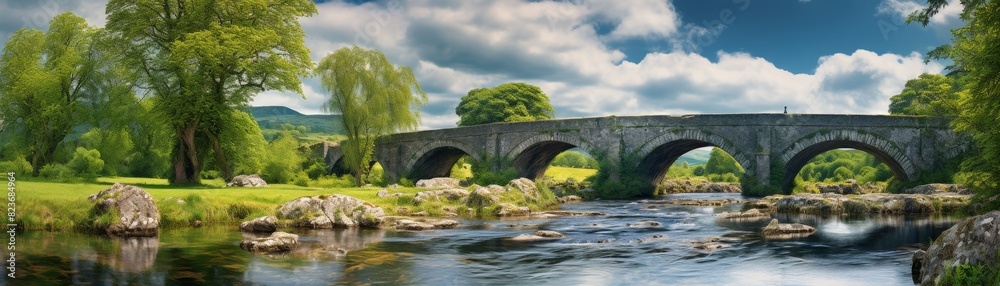 Old stone bridge against blue sky with clouds