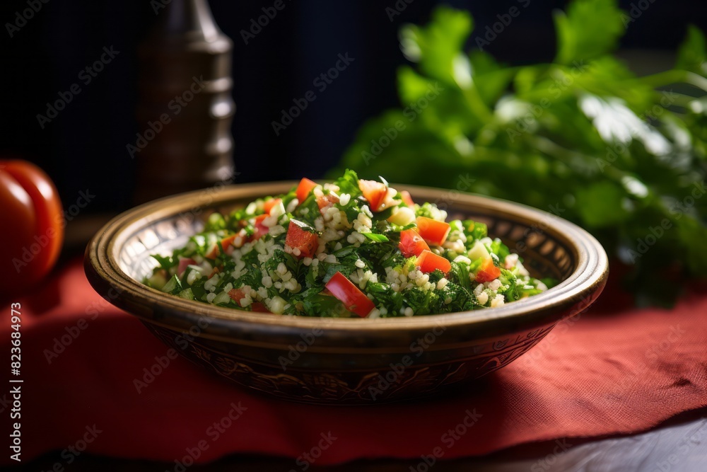 Delicious tabbouleh on a palm leaf plate against a natural linen fabric background Delicious tabbouleh on a palm leaf plate against a natural linen fabric background