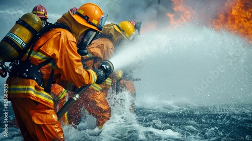 Firefighters in protective suits extinguish a fire with foam. photo