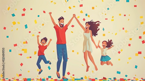 Online party concept. Man and woman with kid dancing together. Video call in social networks. Event  holiday and festival on internet. Cartoon flat vector illustraton isolated on beige background