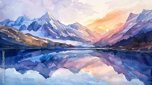 serene mountain reflections in crystal clear glacial lake at sunset watercolor painting