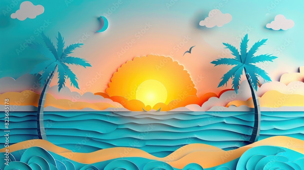 3D paper art of a sunset and palm trees by the sea, blue sky with clouds in the background, flat lay