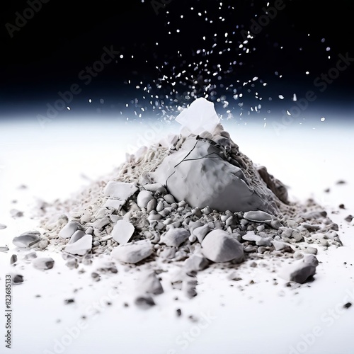 a lone pebble perched on a white surface k a pile of shredded pa photo