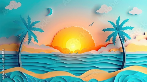 3D paper art of a sunset and palm trees by the sea  blue sky with clouds in the background  flat lay