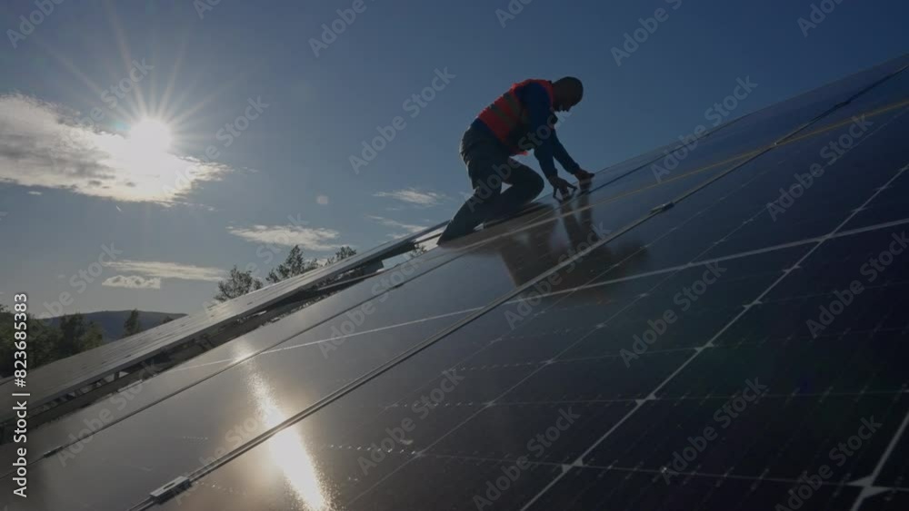 Silhouette of a Solar Technician Doing Maintenance Work on Photovoltaic Solar Panels on a Sunny Day. Concept of Clean Renewable Sustainable Alternative Green Energy, Electric Power, Ecology Silhouette of a Solar Technician Doing Maintenance Work on Photovoltaic Solar Panels on a Sunny Day. Concept of Clean Renewable Sustainable Alternative Green Energy, Electric Power, Ecology