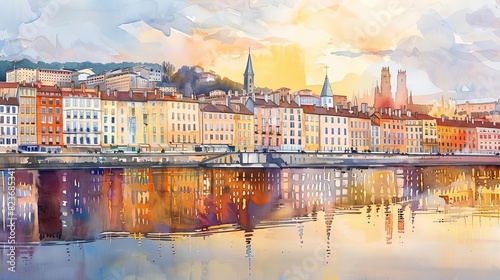 serene saone river reflecting colorful historic buildings of lyon france soft golden hour light watercolor painting photo
