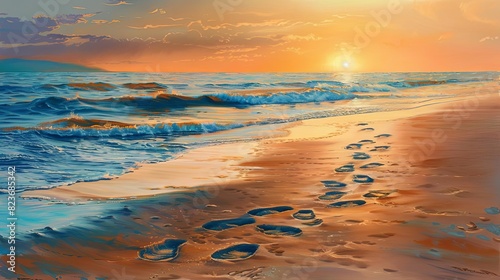 Fototapeta Naklejka Na Ścianę i Meble -  serene sandy beach with footprints at sunset tranquil ocean landscape oil painting