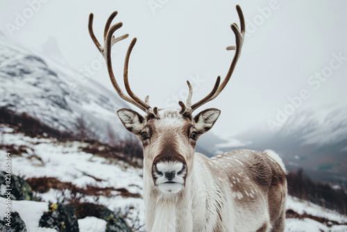 Majestic Reindeer Looking Directly at the Camera in Snowy Landscape
