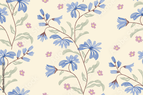Blue flowers pattern vintage vintage minimal texture boho fabric design vector illustration hand drawn flower motif branches leaves wallpaper seamless background border. 