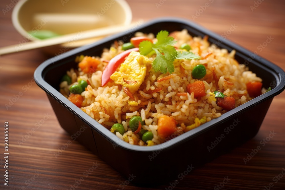 Tempting fried rice in a bento box against a pastel painted wood background Tempting fried rice in a bento box against a pastel painted wood background