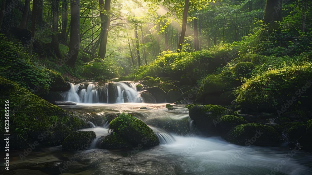 Fototapeta premium serene stream flowing through lush forest at cascade du herisson in france nature landscape photography