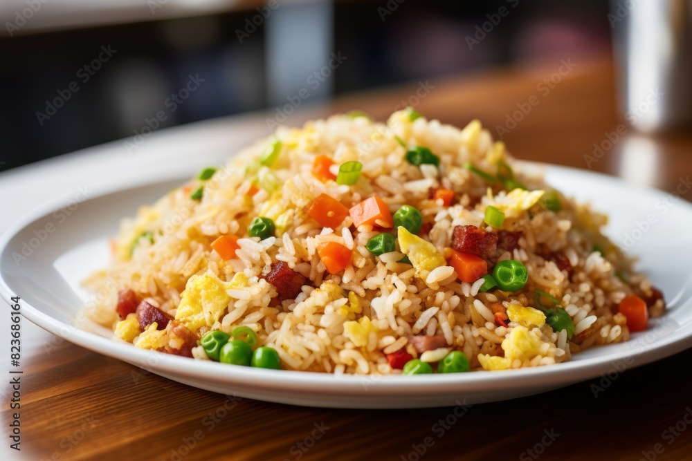 Tasty fried rice on a marble slab against a pastel painted wood background Tasty fried rice on a marble slab against a pastel painted wood background
