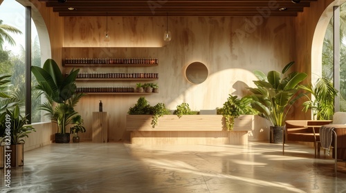 salon with eco-friendly furniture and plants, promoting sustainability in the beauty industry, creating a peaceful ambiance photo