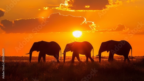 A beautiful scene of majestic elephants walking through the African savanna at sunset