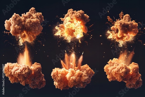 Isolated nuclear explosion set with mushroom cloud. Generative Ai photo