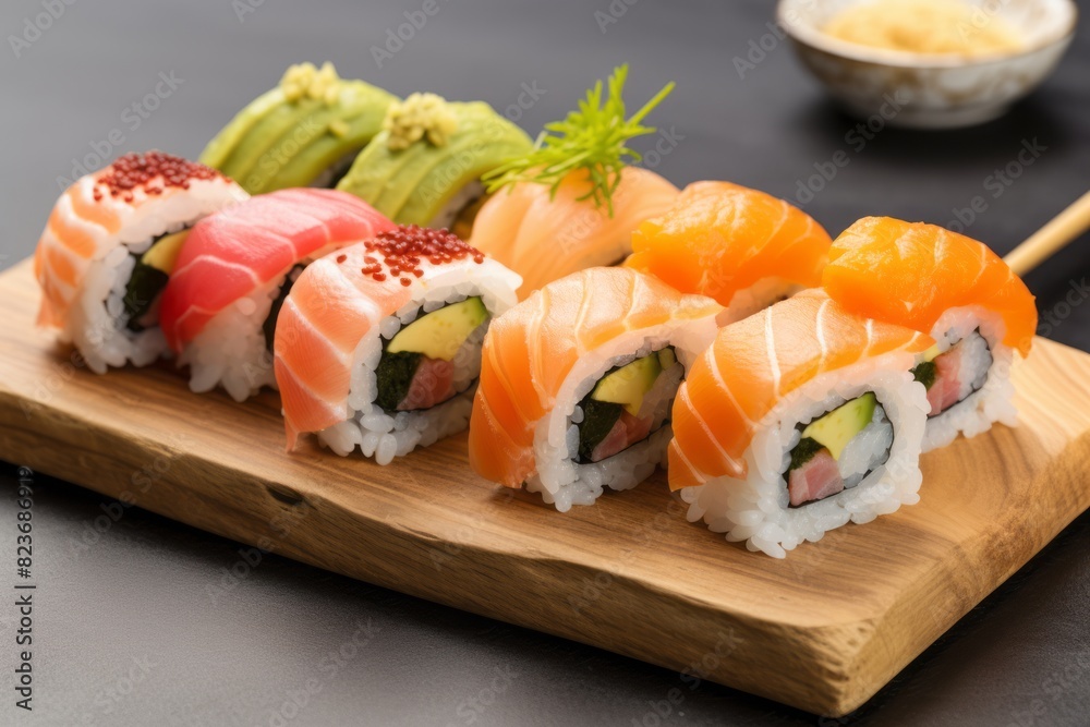 Hearty sushi on a slate plate against a pastel painted wood background Hearty sushi on a slate plate against a pastel painted wood background