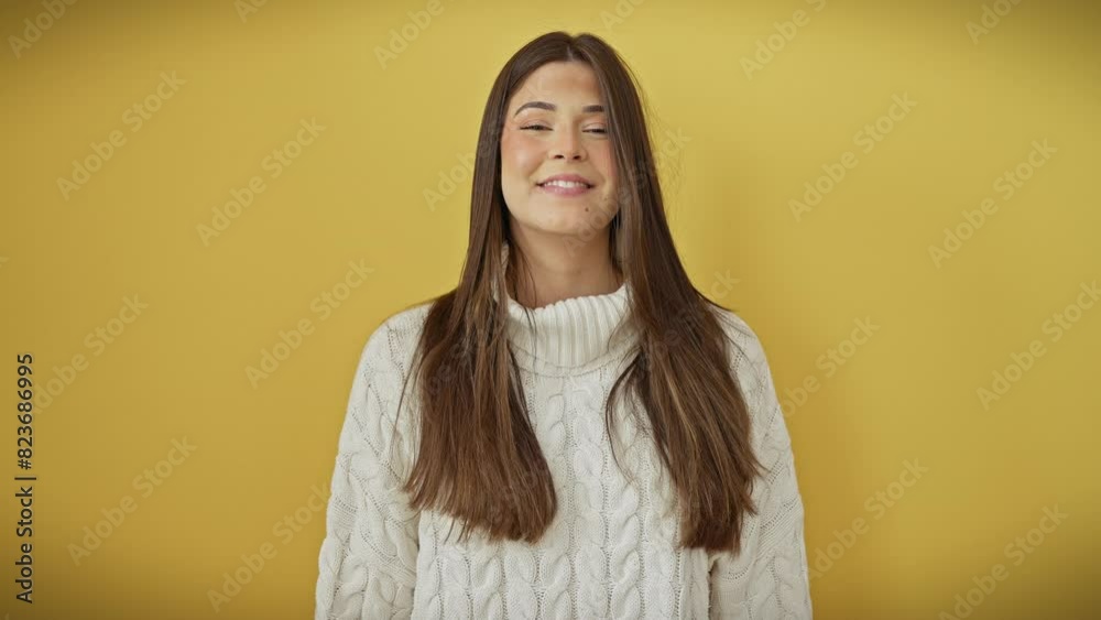 Crazy-funny expression by young, beautiful hispanic woman in sweater, puffing cheeks with air, bursting over laughter on a yellow, isolated background. Crazy-funny expression by young, beautiful hispanic woman in sweater, puffing cheeks with air, bursting over laughter on a yellow, isolated background.