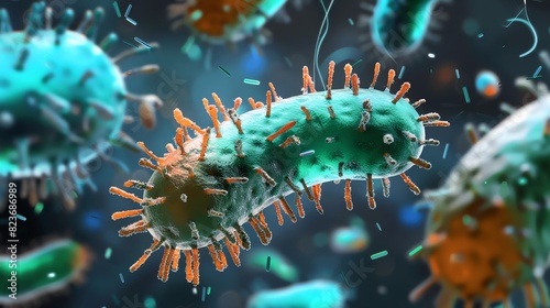 Microscopic view of bacteria cells. 3D rendering illustration of microorganisms, illustrating bacterial structure in detail. photo