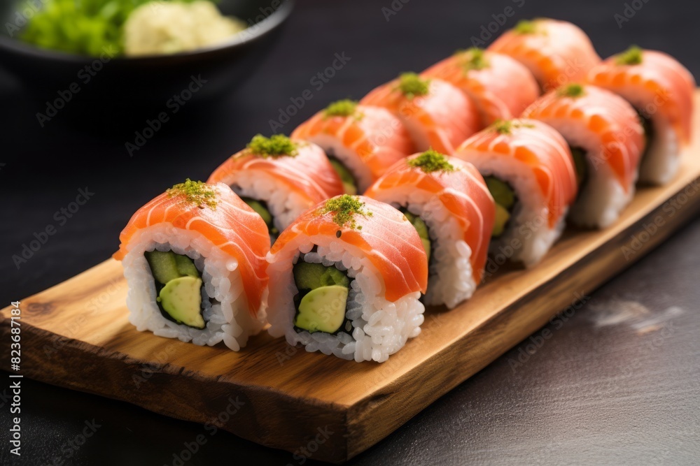 Hearty sushi on a slate plate against a pastel painted wood background Hearty sushi on a slate plate against a pastel painted wood background
