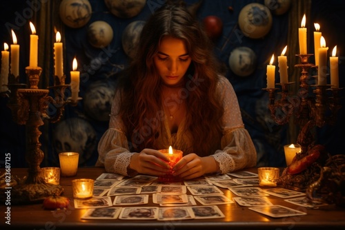 A young woman focuses on a candle amongst tarot cards, surrounded by a warm, mystical ambiance photo