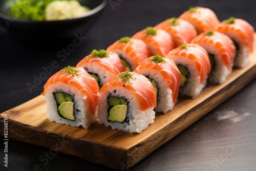 Hearty sushi on a slate plate against a pastel painted wood background