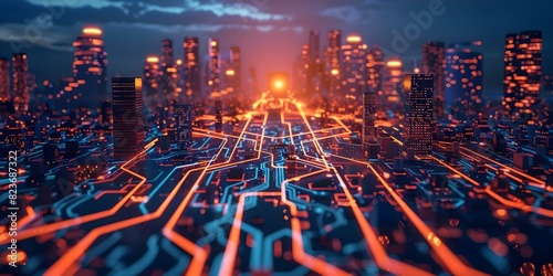 Silicon wafer with glowing circuits symbolizes AIs role in futuristic cityscape. Concept Technology, AI, Future Cities, Silicon Wafer, Glowing Circuits photo