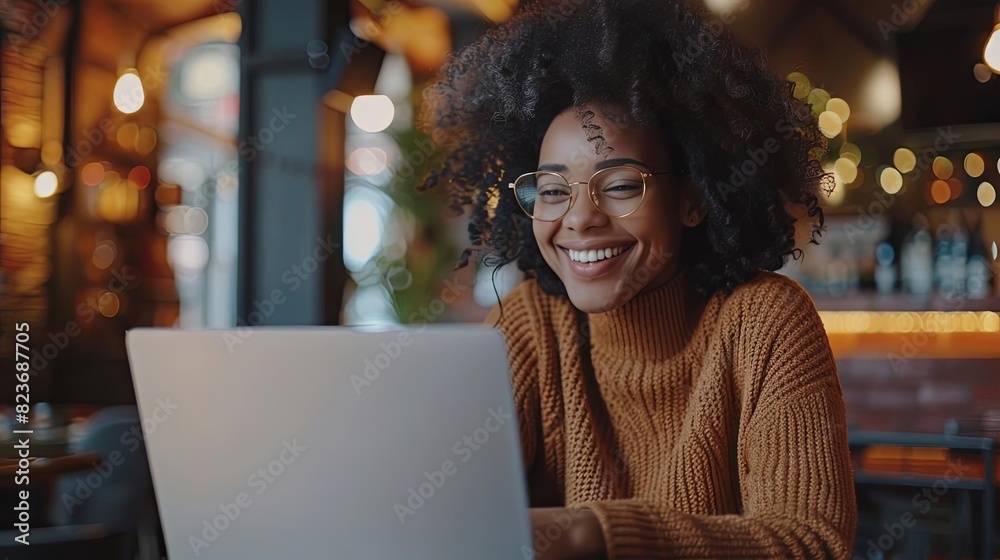 smiling female student working on laptop in cozy cafe happy young woman enjoying remote work lifestyle photo smiling female student working on laptop in cozy cafe happy young woman enjoying remote work lifestyle photo