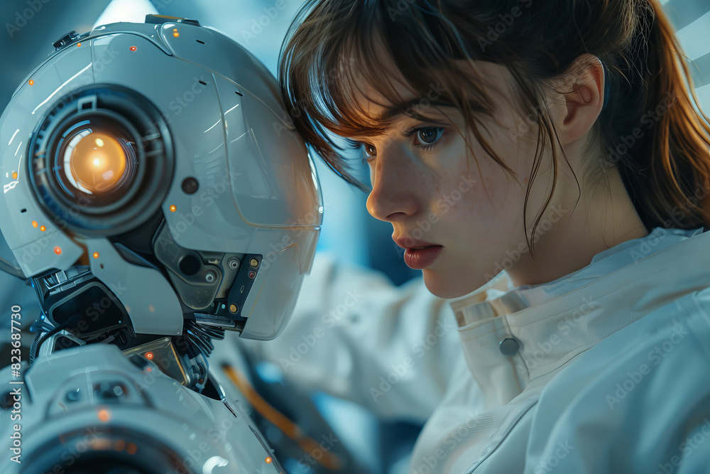A woman is standing next to a robot A woman is standing next to a robot