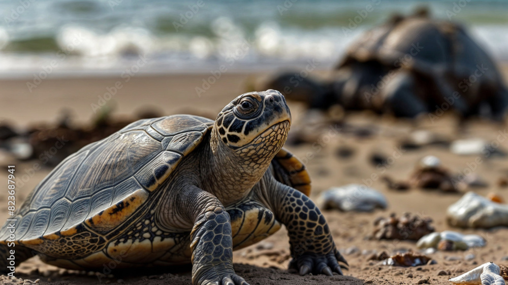 Obraz premium smiling Turtle walking on the beach Very close-up photo, very clear,