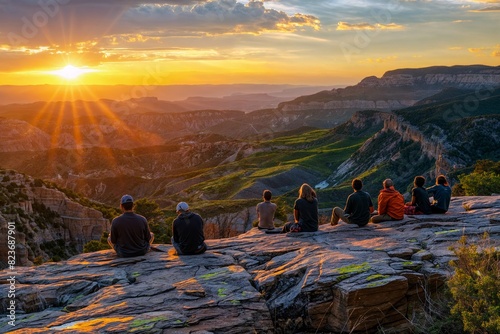 Group of Young Adults Watching a Serene Sunset on a Mountain Ledge  Embracing Nature and Friendship  Capturing the Beauty of Golden Hour in a Remote Outdoor Adventure Setting