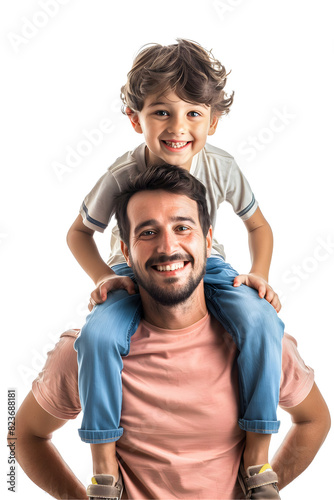 Smilling father piggyback little boy on white