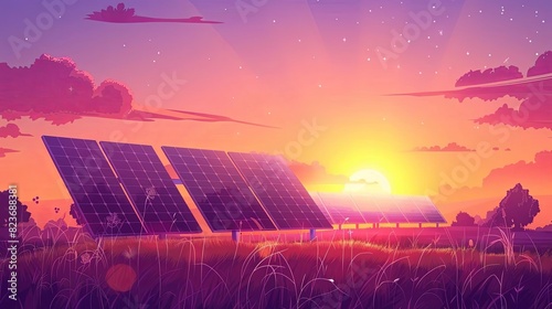 solar panels harnessing sustainable energy under vivid sunset ecofriendly technology illustration