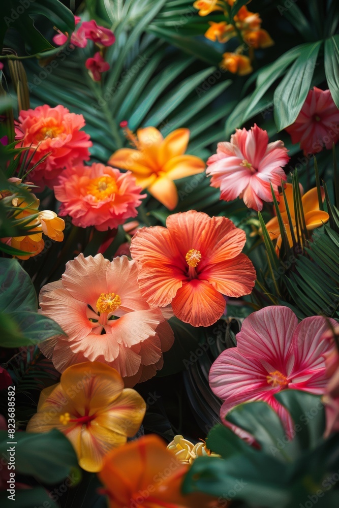 lush rainforest with vibrant tropical blooms, perfect for nature exploration concept, colorful summer backdrop banner
