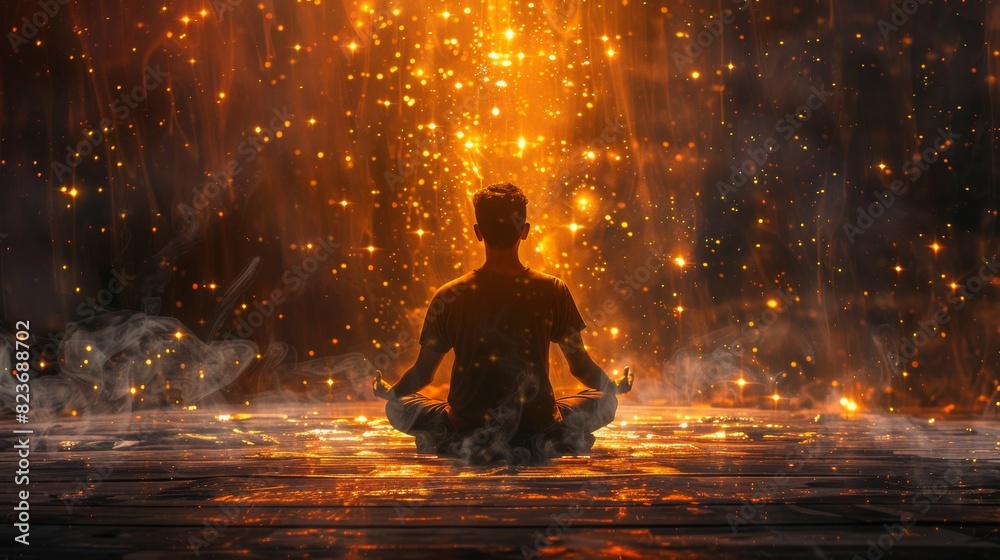 A man is sitting in a pool of water with a lot of smoke and fire around him A man is sitting in a pool of water with a lot of smoke and fire around him