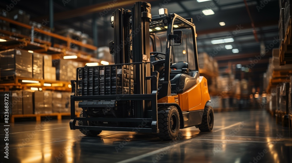 Forklift doing storage in a warehouse managed by machine learning and artificial intelligence automation, robotics applied to industrial logistics Forklift doing storage in a warehouse managed by machine learning and artificial intelligence automation, robotics applied to industrial logistics