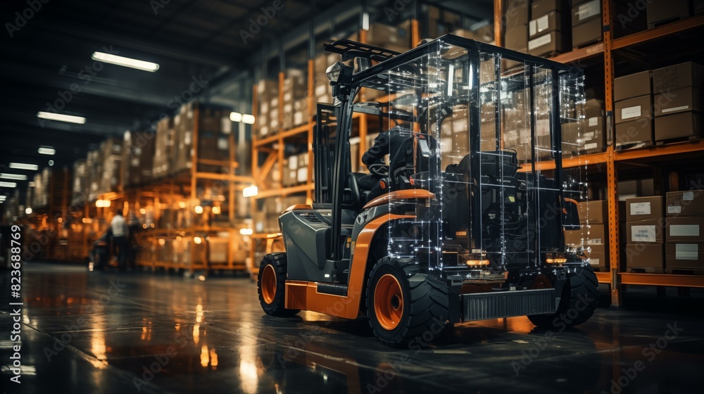 Forklift doing storage in a warehouse managed by machine learning and artificial intelligence automation, robotics applied to industrial logistics Forklift doing storage in a warehouse managed by machine learning and artificial intelligence automation, robotics applied to industrial logistics