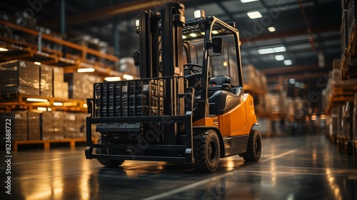 Forklift doing storage in a warehouse managed by machine learning and artificial intelligence automation, robotics applied to industrial logistics 