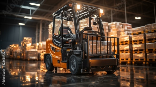 Forklift doing storage in a warehouse managed by machine learning and artificial intelligence automation, robotics applied to industrial logistics  © Songpon