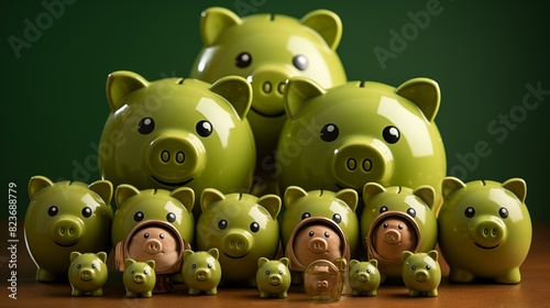 Green pigs family, piggy banks isolated on green background photo
