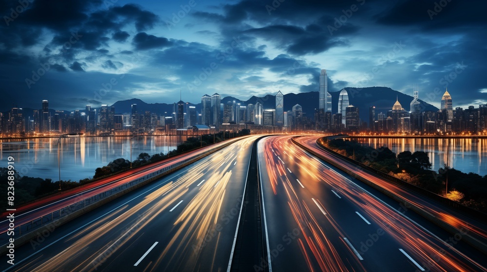 High speed urban traffic on a city highway during evening rush hour, car headlights and busy night transport High speed urban traffic on a city highway during evening rush hour, car headlights and busy night transport