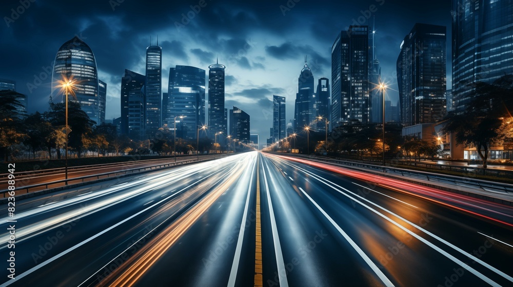 High speed urban traffic on a city highway during evening rush hour, car headlights and busy night transport