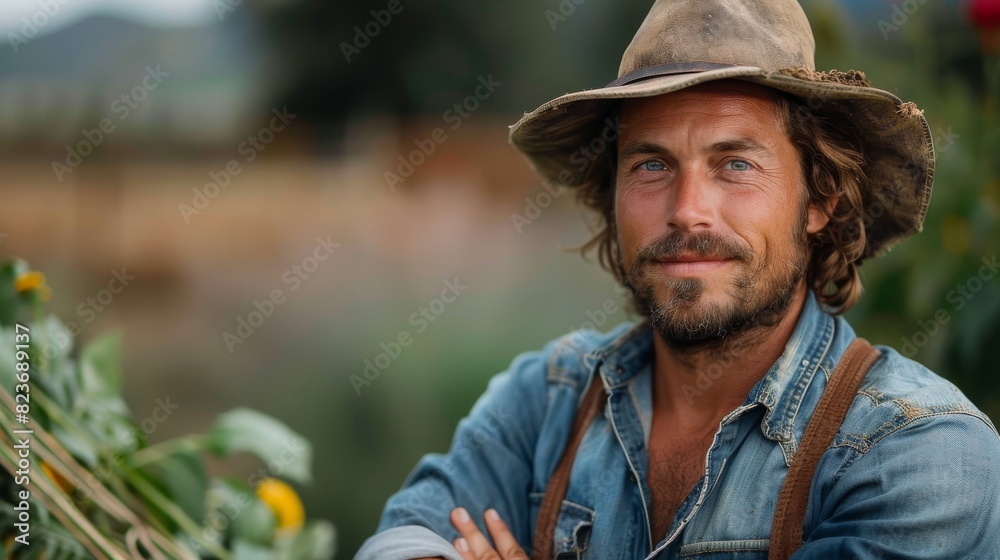 A relaxed man in a straw hat sits thoughtfully in a natural setting with a contemplative expression