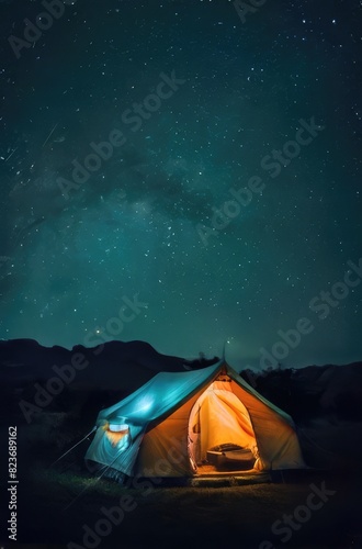 A tent glows under a night sky full of stars. © Linggakun