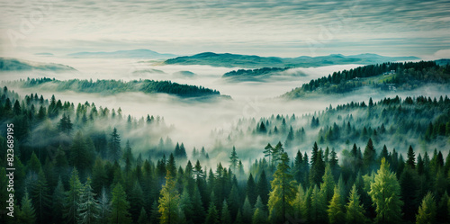 early morning Misty mountain landscape with fir forest in vintage retro style, haze, and mountain houses.  photo