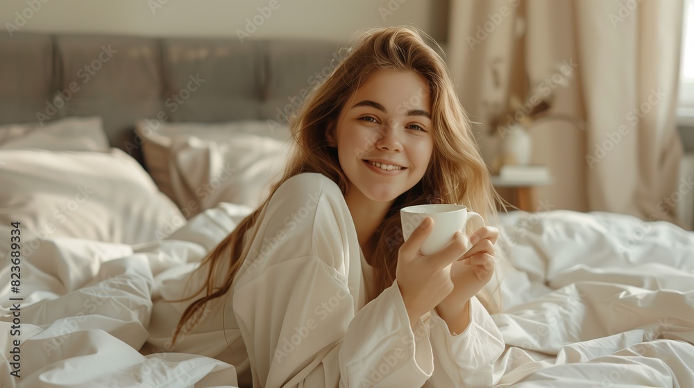 A young woman in comfortable pajamas lying on a neatly made bed, holding a cup of tea with a gentle smile, clean background, copy space for text