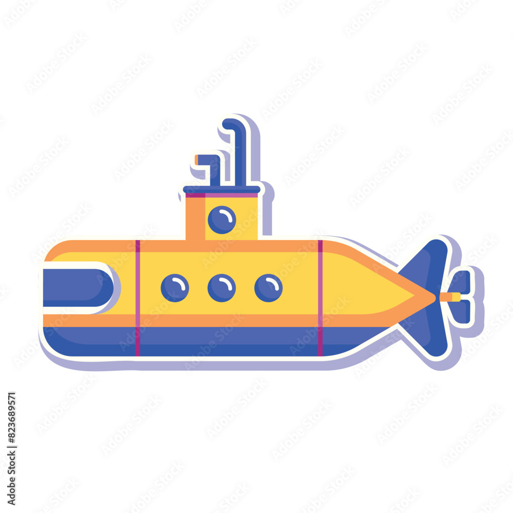 Obraz premium Yellow Submarine with periscope on white background. Underwater Sea research transport in flat style. Childish toy vector illustration. Suited for children coloring book, print, education, element