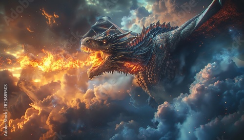dramatic long shot of an enraged dragon breathing fire amidst a stormy sky, using hyper-realistic digital rendering techniques photo